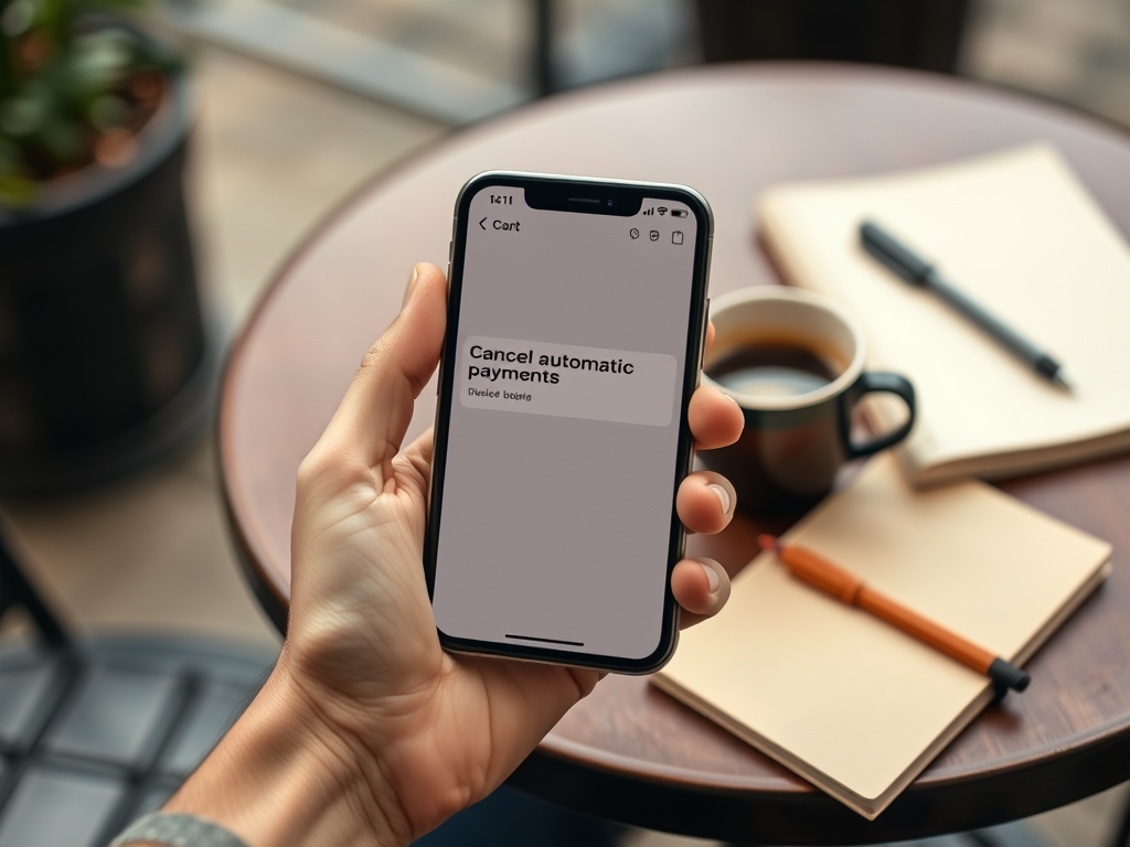 На изображении смартфон с экраном, предлагающим отменить автоматические платежи, на столе кофе и блокнот.