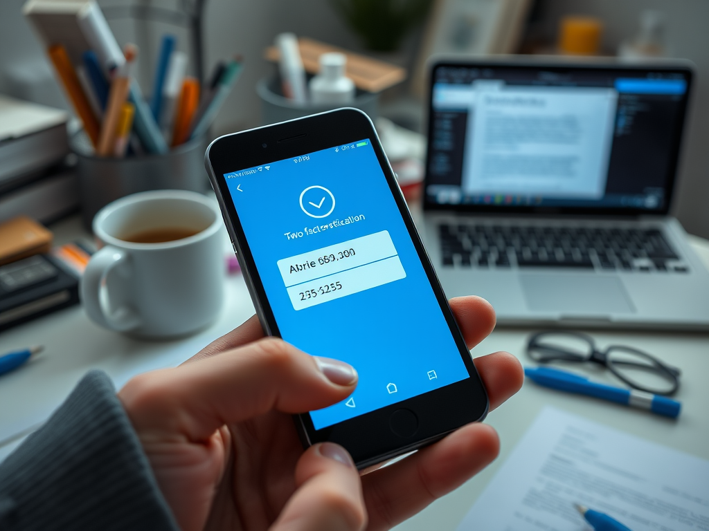 Человек вводит код двухфакторной аутентификации на смартфоне. На фоне ноутбук и чашка с кофе.